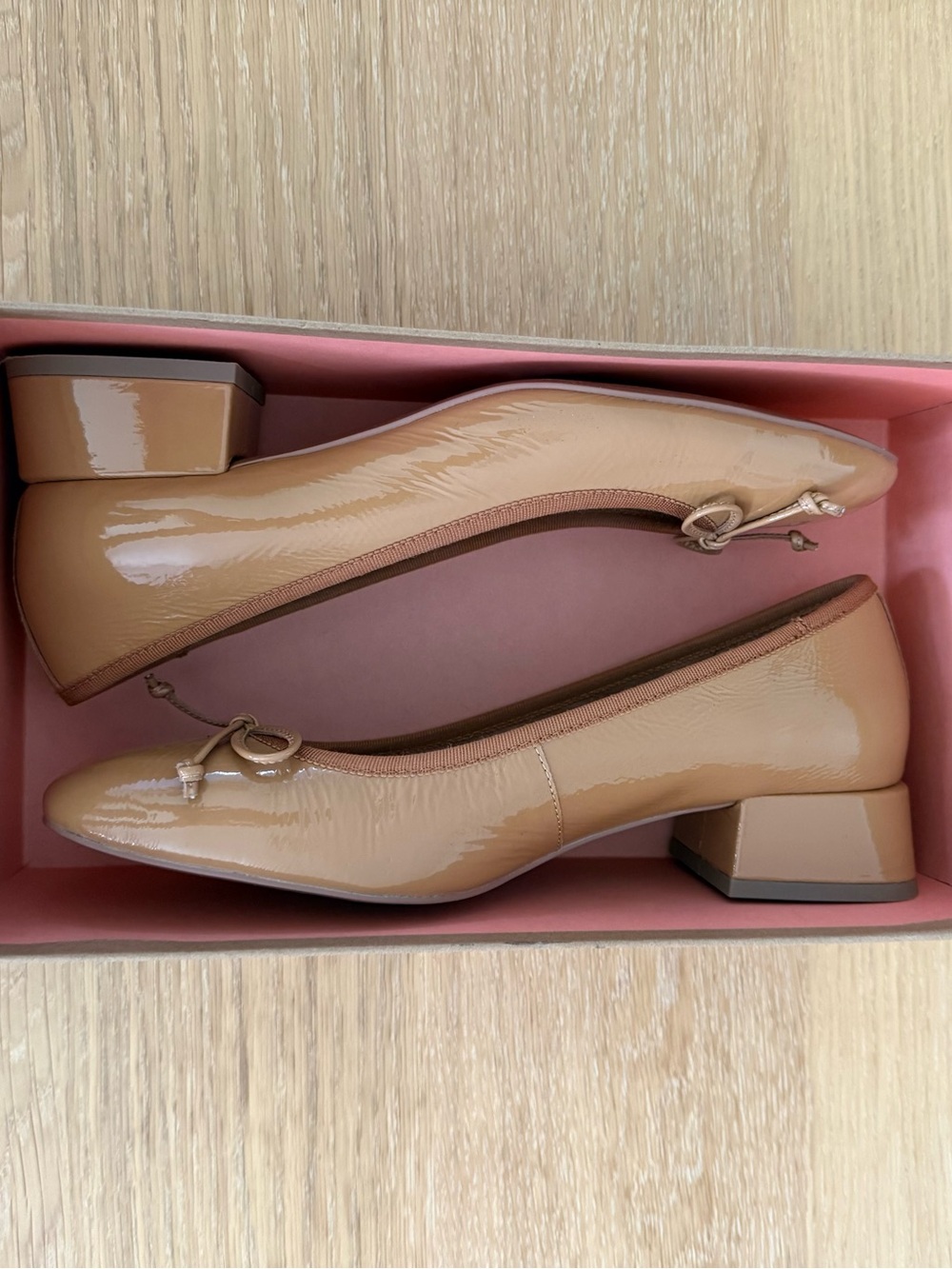 BibiLou Anthropologie Suzy Patent Gloss Ballet Flats with Low Block Heel in Tan
